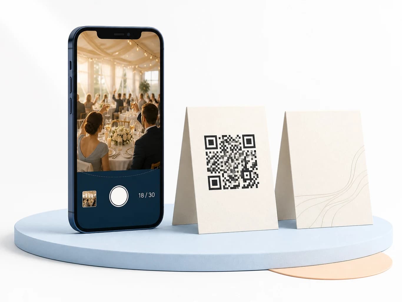Navy phone with wedding camera interface beside a cream QR place card