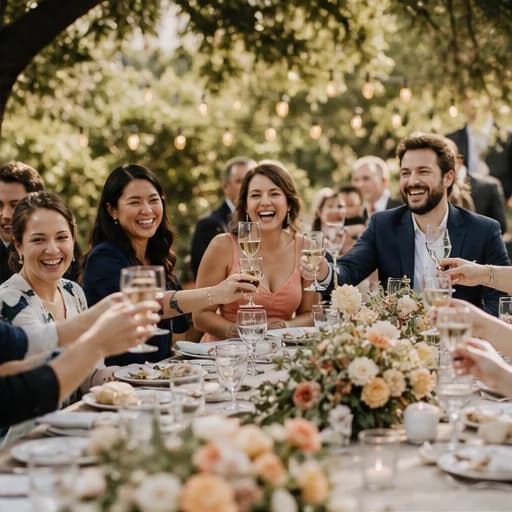 Wedding guests celebrating at a garden table