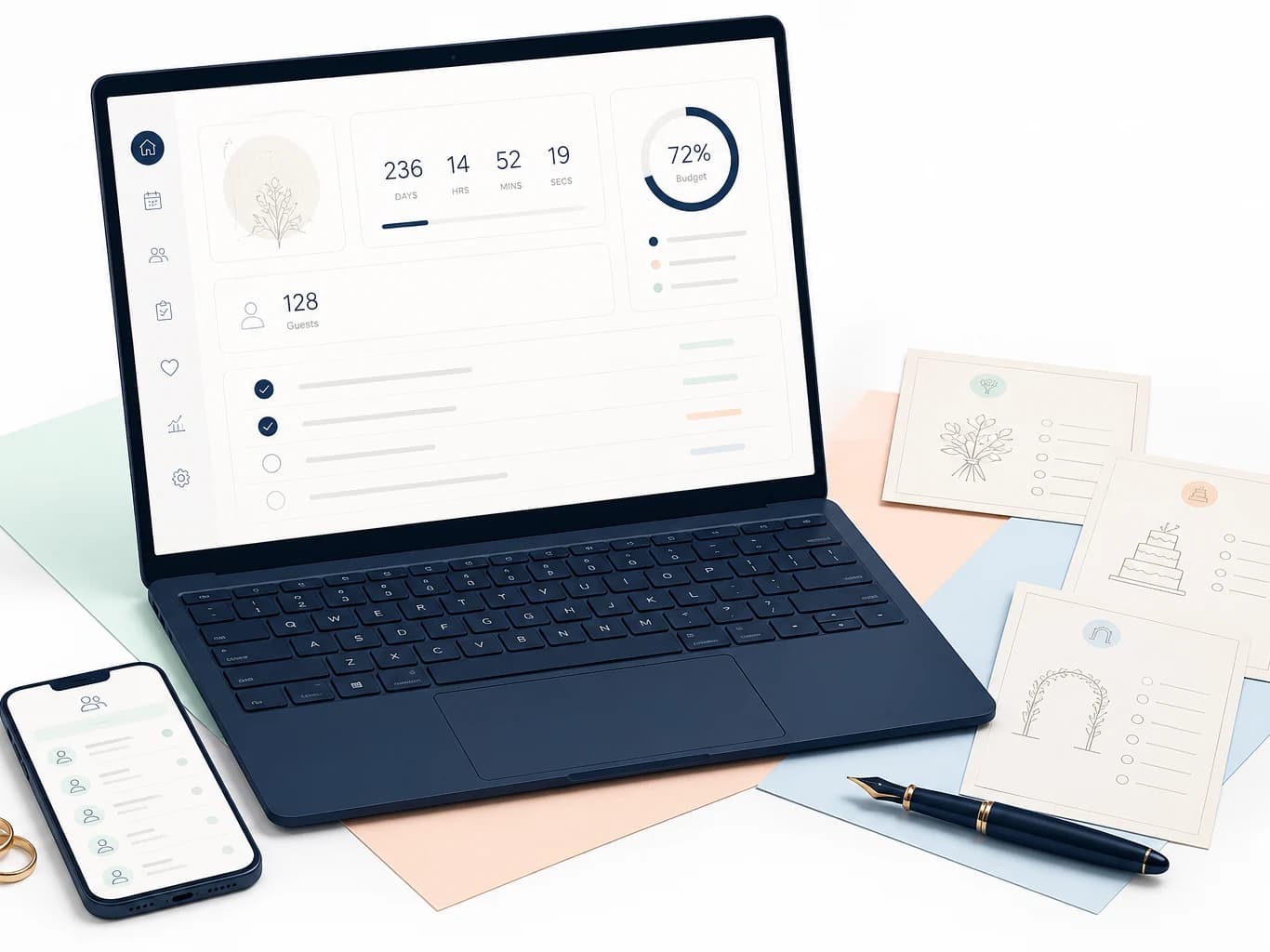Navy laptop and phone displaying the MariageApp wedding planner with paper checklist cards